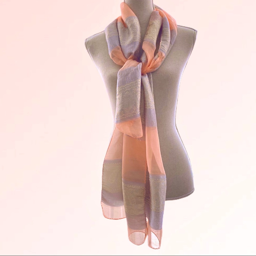 Pink Peach Sheer Silver Stripe Silk Scarf Wrap Shawl Silk Blend - Picture 2 of 6